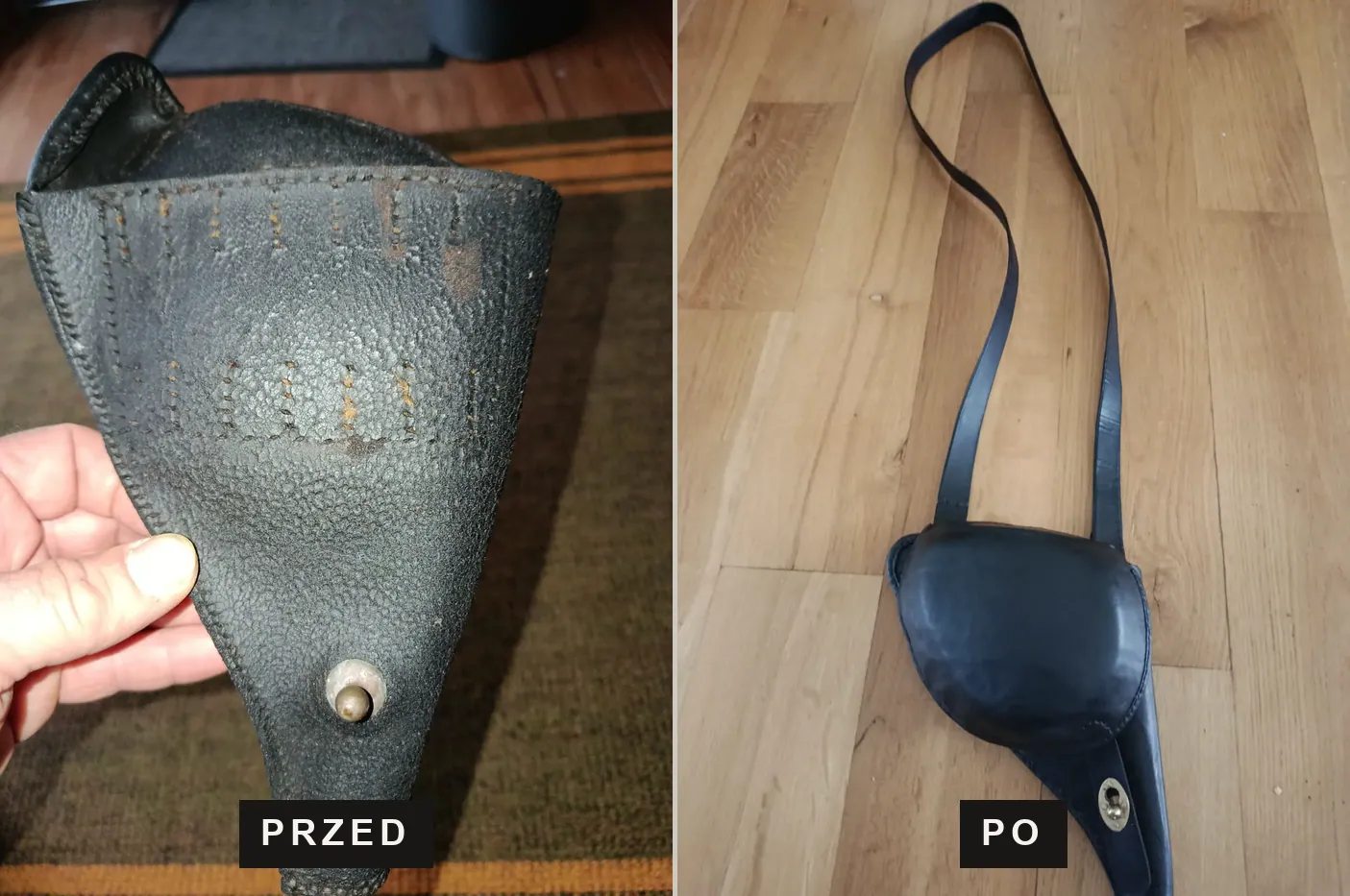 Zniszczona kabura skórzana i nowa, uszyta na jej wzór