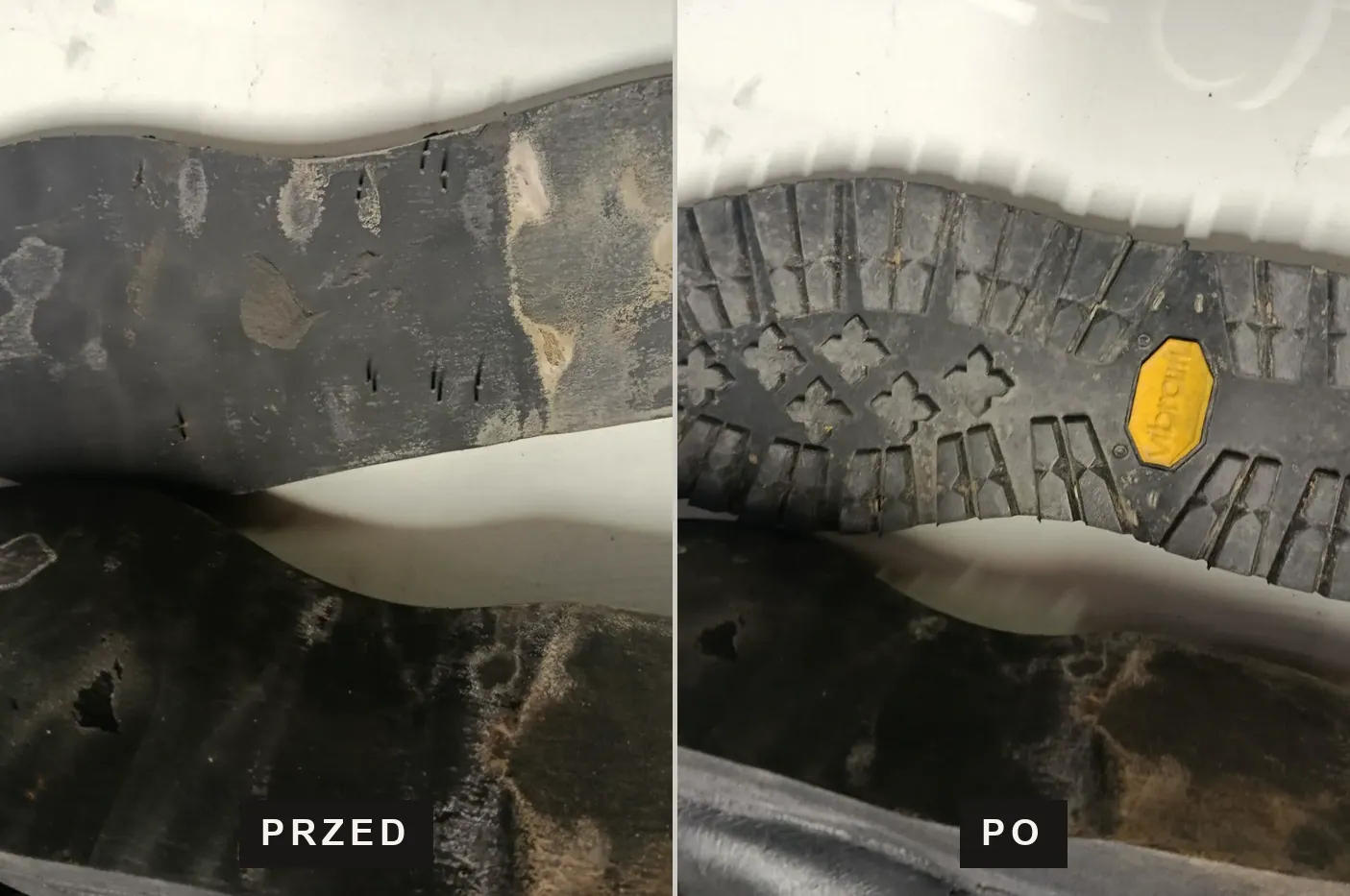 Starte spody butów i nowa podeszwa Vibram założona na ich miejsce